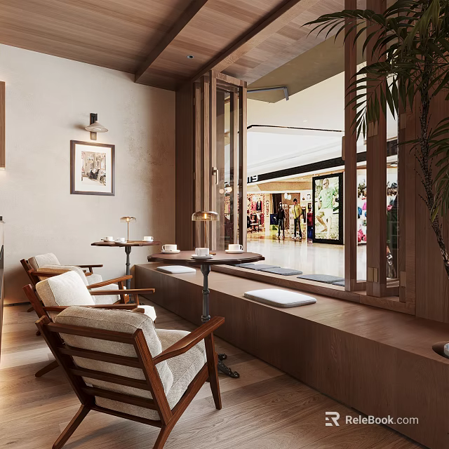Cozy Café Interior Design With Wooden Seats Large Windows And Warm Lighting 3d model 