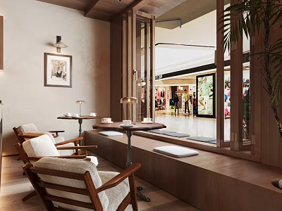 Cozy Café Interior Design With Wooden Seats Large Windows And Warm Lighting 3d model