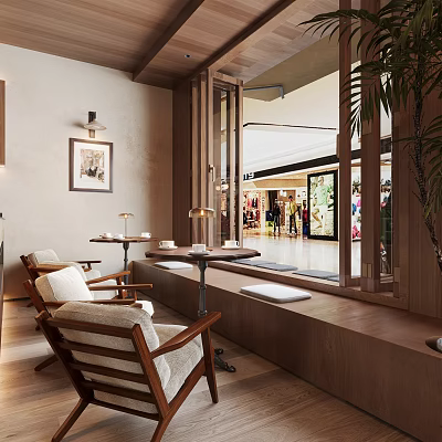 Cozy Café Interior Design With Wooden Seats Large Windows And Warm Lighting 3d model