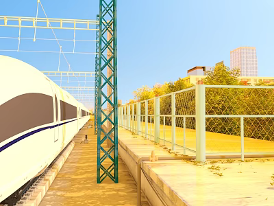 Railway Facilities With Modern High-Speed Train Green Metal Pillars White Fences And Platform 3d model