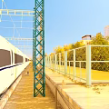 Railway Facilities With Modern High-Speed Train Green Metal Pillars White Fences And Platform