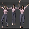 Women In Pink Shirts Gray Pants And Black Heels Posing With Raised Arms