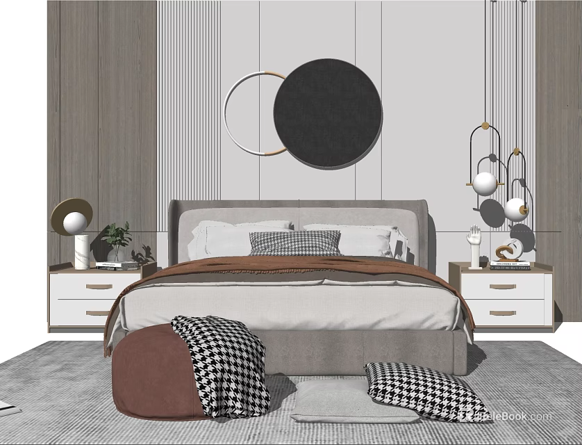 Modern Bedroom Double Bed Setting with Bedside Tables Table Lamps Wall Decor and Rug Pillows 3d model 
