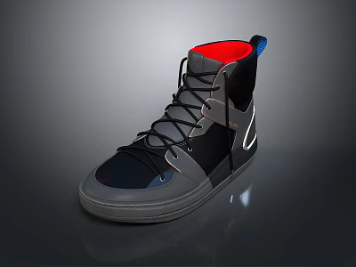 Stylish Black High Top Shoes with Red Lining Gray Sole and Lace Up Design 3d model