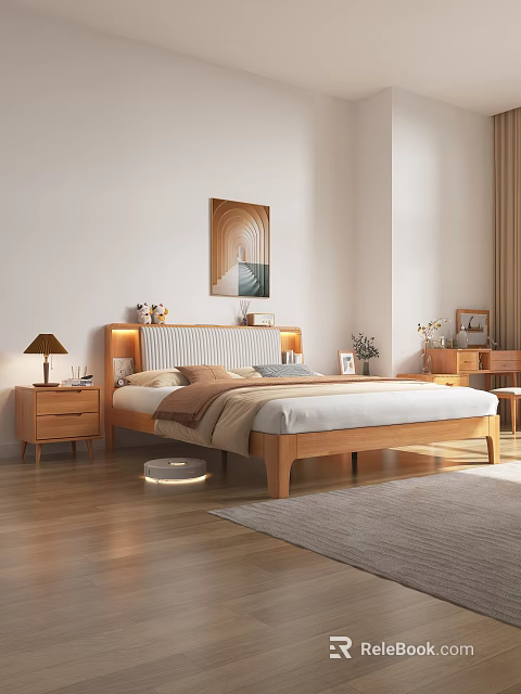 Double Bed With Striped Headboard LED Lights Bedside Tables And Wooden Floor 3d model 