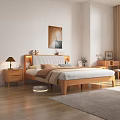 Double Bed With Striped Headboard LED Lights Bedside Tables And Wooden Floor