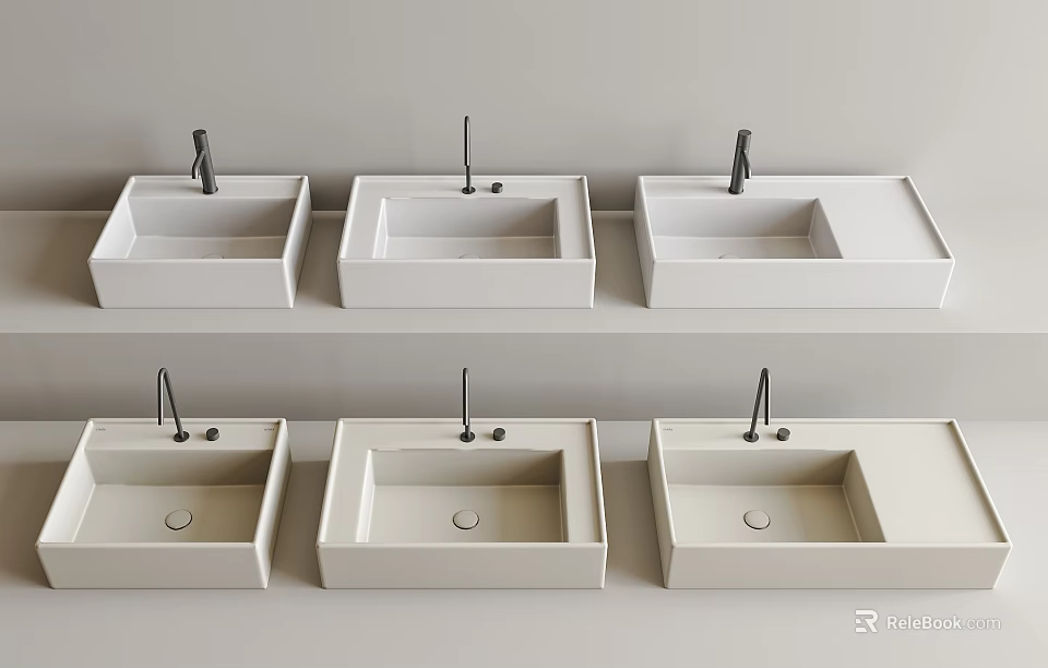 White Washbasins with Silver Faucets Display Multiple Modern Designs 3d model