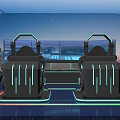 Futuristic Exhibition Hall with Seats Glowing Lines Large Screens City Night View and Person Standing