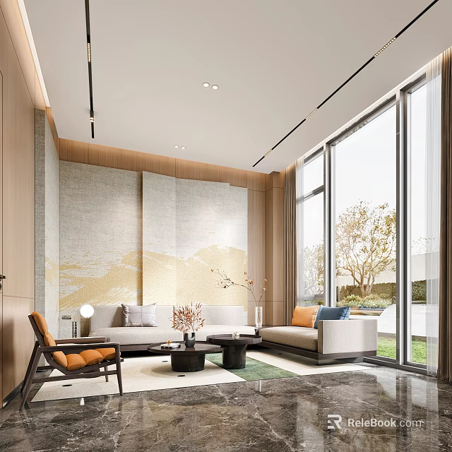 Modern Leisure Area With Sofa Chair Coffee Table Decorative Painting And Large Windows 3d model 