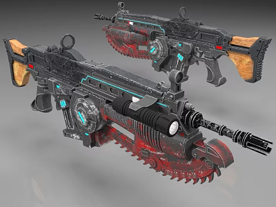Futuristic Firearms With Wooden Grips Blue Glowing Elements And Serrated Design 3d model