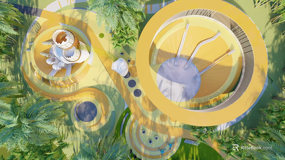 Modern Circular Outdoor Leisure Space With Lush Greenery Yellow Structures And Seating Areas 3d model 