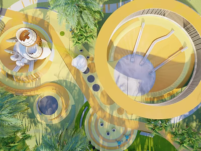 Modern Circular Outdoor Leisure Space With Lush Greenery Yellow Structures And Seating Areas 3d model