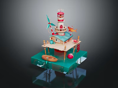 Wooden Floating Lighthouse Cottage Structure With Windmill Small Boat On Water Platform 3d model