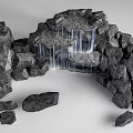 Rustic Stone and Wood Landscape Structure with Flowing Waterfall and Rock Details