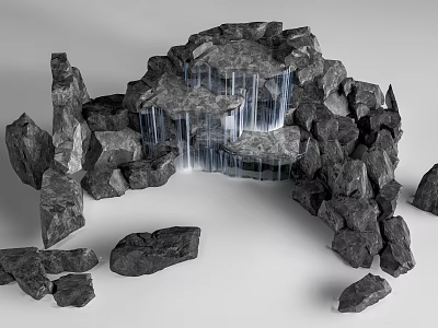 Rustic Stone and Wood Landscape Structure with Flowing Waterfall and Rock Details 3d model