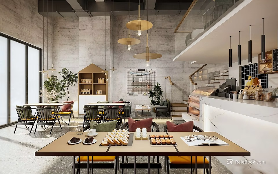 Modern Dessert Shop Interior Featuring Dining Tables Chairs Dessert Display Hanging Lights And Green Plants 3d model 