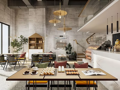 Modern Dessert Shop Interior Featuring Dining Tables Chairs Dessert Display Hanging Lights And Green Plants 3d model