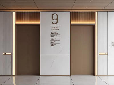 Modern Elevator Lobby With Double Doors Floor Number 9 Marble Walls And Recessed Lighting 3d model