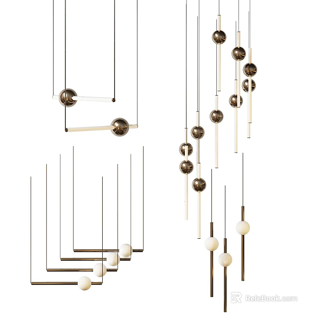 Modern Chandelier Designs With Spherical Metal Pendants And Linear Hanging Elements For Home Interior Lighting 3d model 
