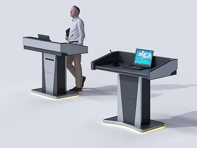 Modern Podium Design With Laptop And Illuminated Base Next To Man Walking 3d model