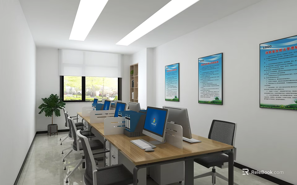 Bright Public Office Space With Long Tables Computers Office Chairs Windows And Wall Posters 3d model