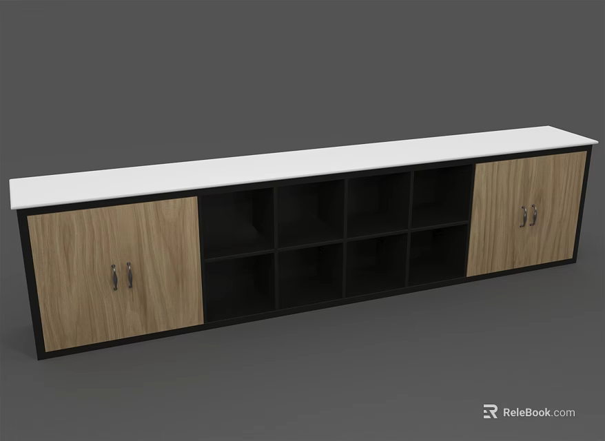 Modern Storage Cabinet With White Countertop Wooden Doors And Black Open Shelves 3d model 
