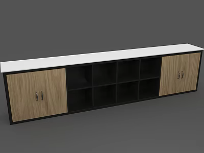 Modern Storage Cabinet With White Countertop Wooden Doors And Black Open Shelves 3d model