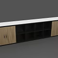 Modern Storage Cabinet With White Countertop Wooden Doors And Black Open Shelves