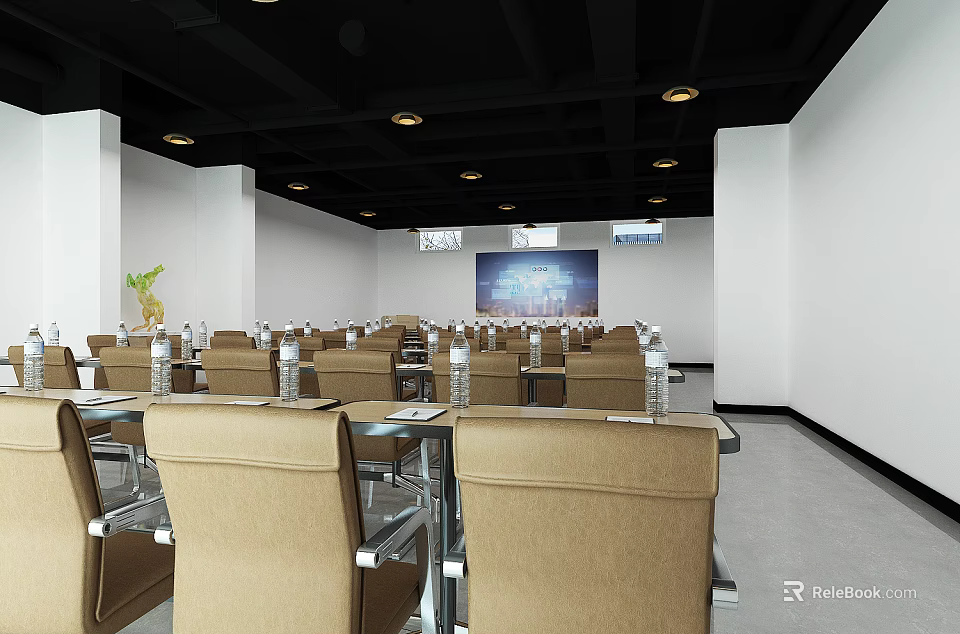 Modern Conference Room Interior With Brown Chairs Glass Tables Black Ceiling And Projection Screens 3d model 
