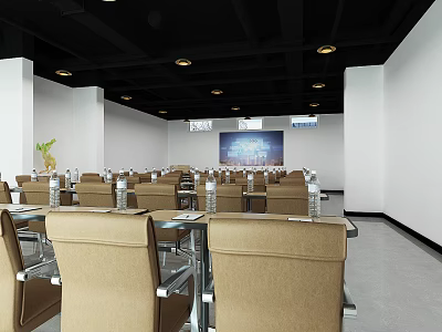 Modern Conference Room Interior With Brown Chairs Glass Tables Black Ceiling And Projection Screens 3d model