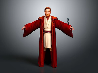 Warrior Character Creature in Red Robe Holding Weapon Standing in Gray Background with Open Arms 3d model