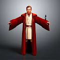 Warrior Character Creature in Red Robe Holding Weapon Standing in Gray Background with Open Arms