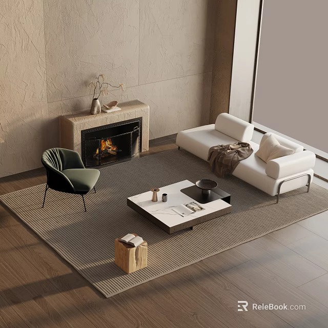 Modern Living Room Sofa And Coffee Table Set With Fireplace Green Chair And Area Rug 3d model 