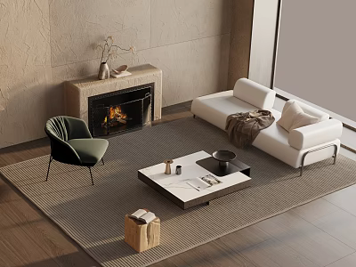 Modern Living Room Sofa And Coffee Table Set With Fireplace Green Chair And Area Rug 3d model