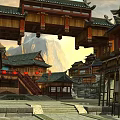 Ancient Chinese Commercial Street With Traditional Curved Roof Buildings And Red Decorations