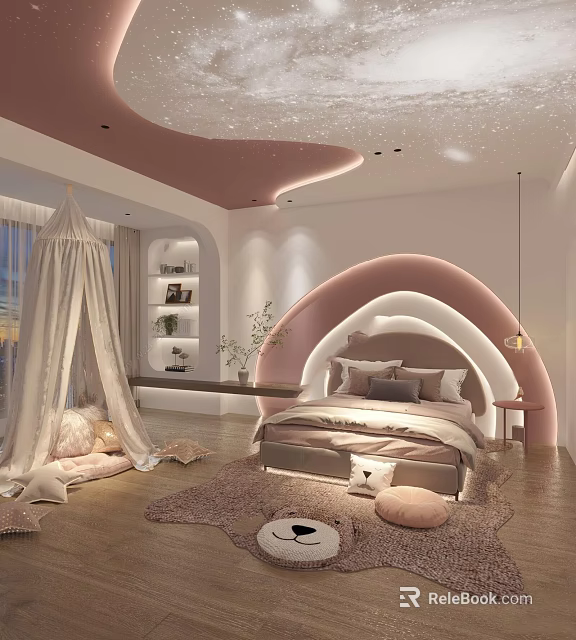 Starry Pink Ceiling Kids Room With White Canopy Arched Bedhead And Shelves 3d model 