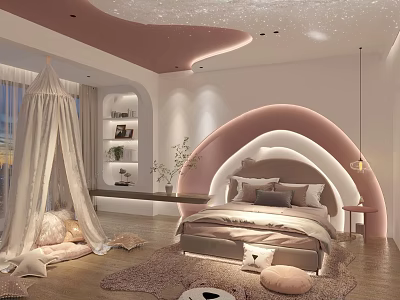 Starry Pink Ceiling Kids Room With White Canopy Arched Bedhead And Shelves 3d model