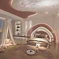 Starry Pink Ceiling Kids Room With White Canopy Arched Bedhead And Shelves
