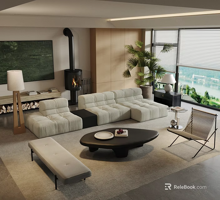 Modern Beige Sofa And Black Coffee Table Set With Fireplace Large Windows And Green Plants 3d model 