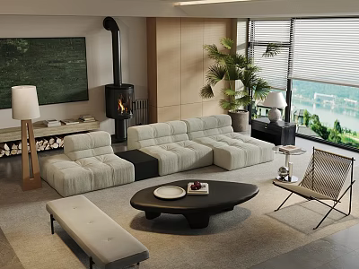 Modern Beige Sofa And Black Coffee Table Set With Fireplace Large Windows And Green Plants 3d model