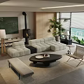 Modern Beige Sofa And Black Coffee Table Set With Fireplace Large Windows And Green Plants