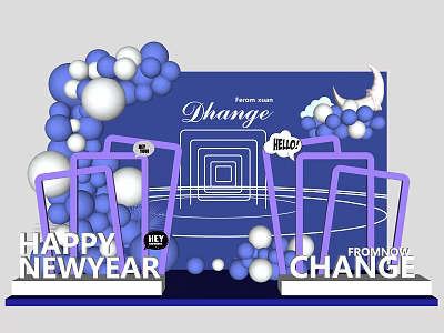 Happy New Year Change Themed Photo Spot With Blue Background Purple Frames And Balloon Decorations 3d model