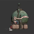 Green Spherical Industrial Equipment With Pipes Wooden Barrels Metal Drums Platform And Small Parts