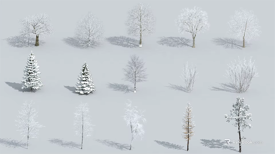 Various Types Of Snow Covered And Bare Trees With Different Shapes And Shadows 3d model 