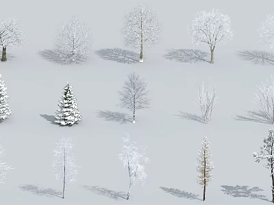Various Types Of Snow Covered And Bare Trees With Different Shapes And Shadows 3d model