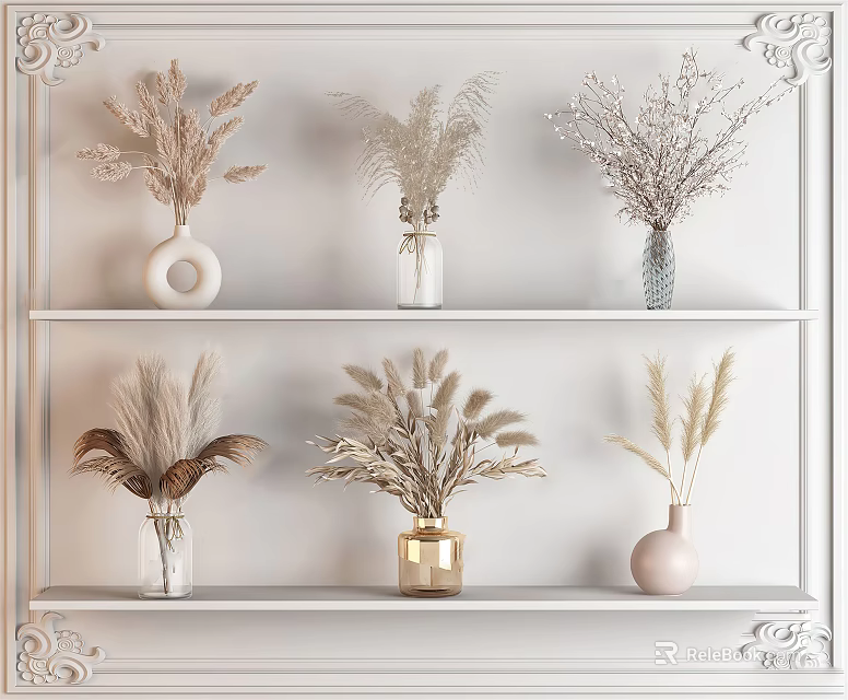 Elegant Decorative Vases with Dried Flowers on White Shelf 3d model 