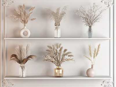 Elegant Decorative Vases with Dried Flowers on White Shelf 3d model
