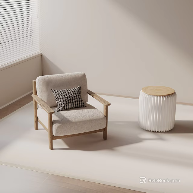 Modern Leisure Chair With Light Upholstery Wooden Arms Checkered Pillow And Striped Side Table 3d model 