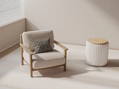 Modern Leisure Chair With Light Upholstery Wooden Arms Checkered Pillow And Striped Side Table 3d model