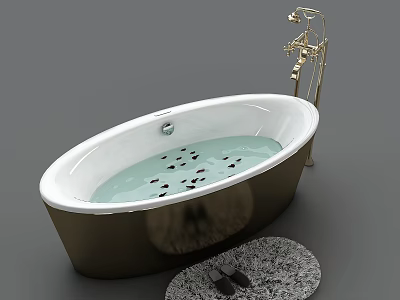 Elegant Freestanding Oval Bathtub With White Interior Dark Exterior Gold Faucet Petals Slippers And Mat 3d model